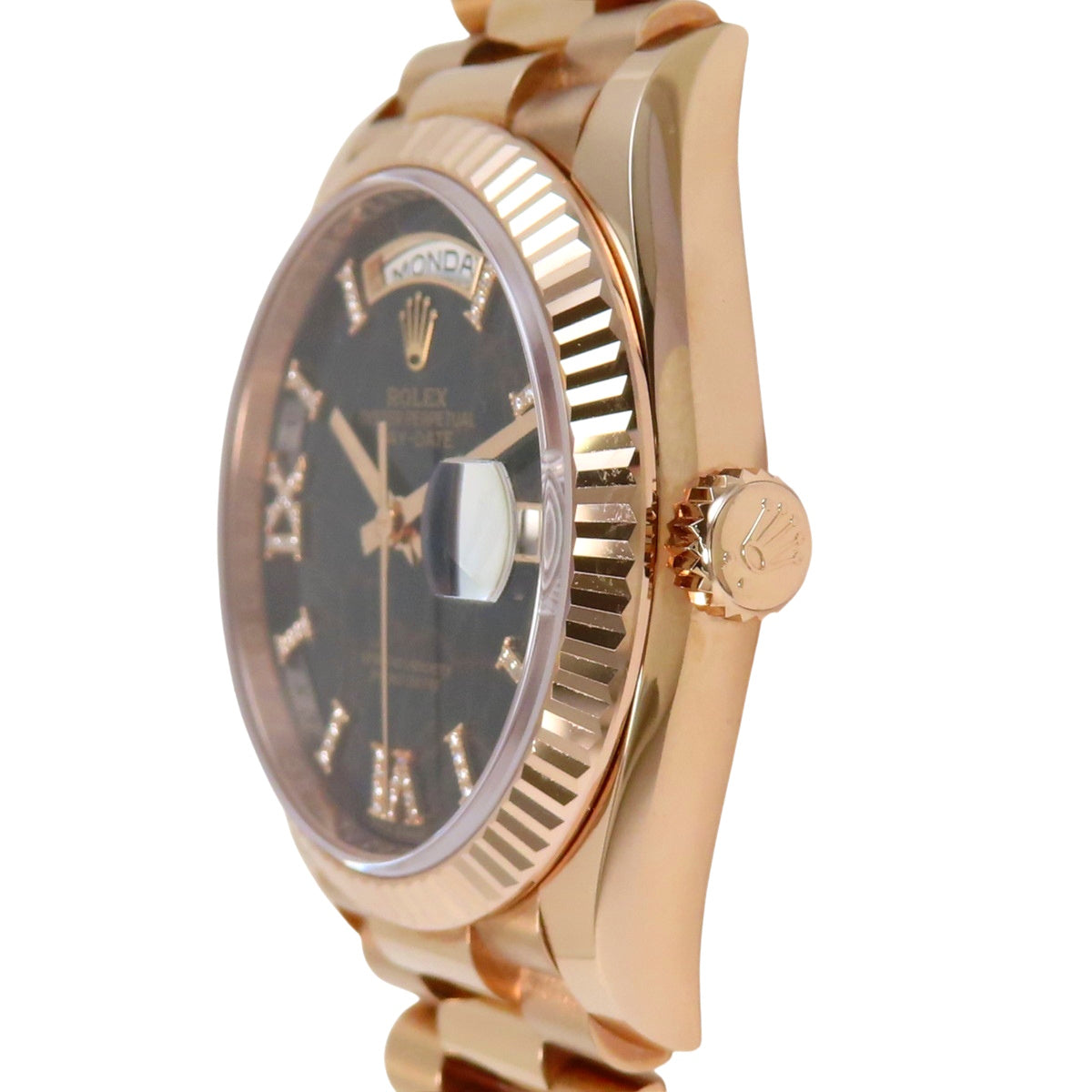 128235 Day-Date PG, random serial number, automatic winding, dark brown dial, Eisenkeisel (iron-nickel alloy) hour markers, diamond indexes.