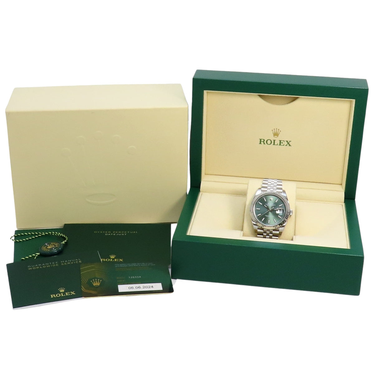 126334 Datejust 41 WG/SS, random serial number, automatic winding, green dial.