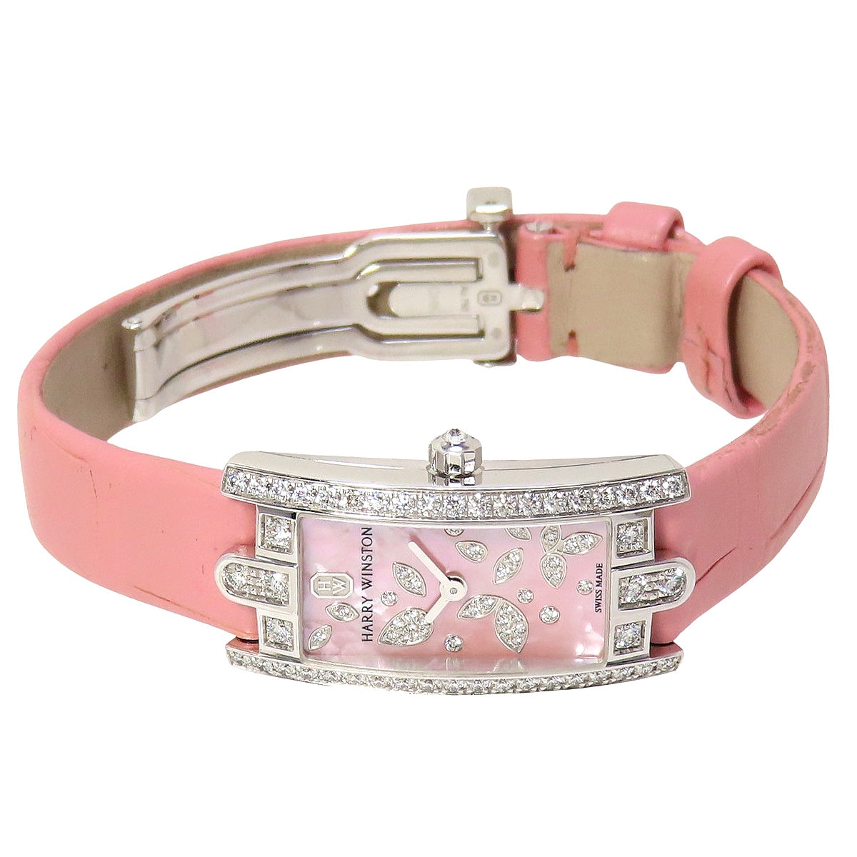 アヴェニューC ミニ ベゼルダイヤ AVCQHM16 WG/革 ピンクシェル文字盤 ピンク クオーツ レディース