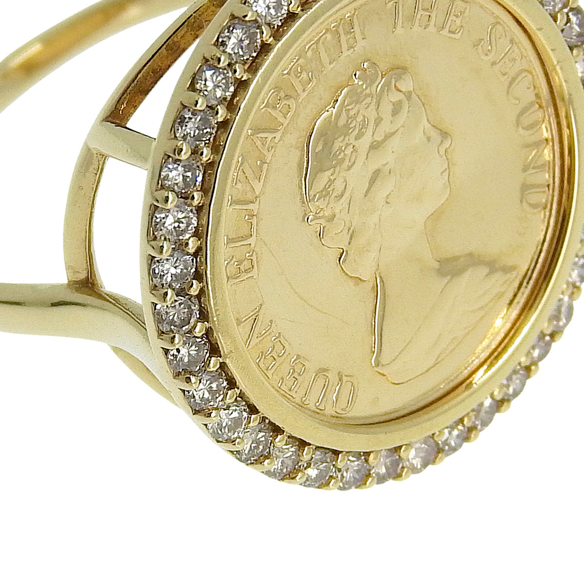 Queen Elizabeth II Coin Diamond Ring D0.38 Yellow Gold K18YG 3.4g