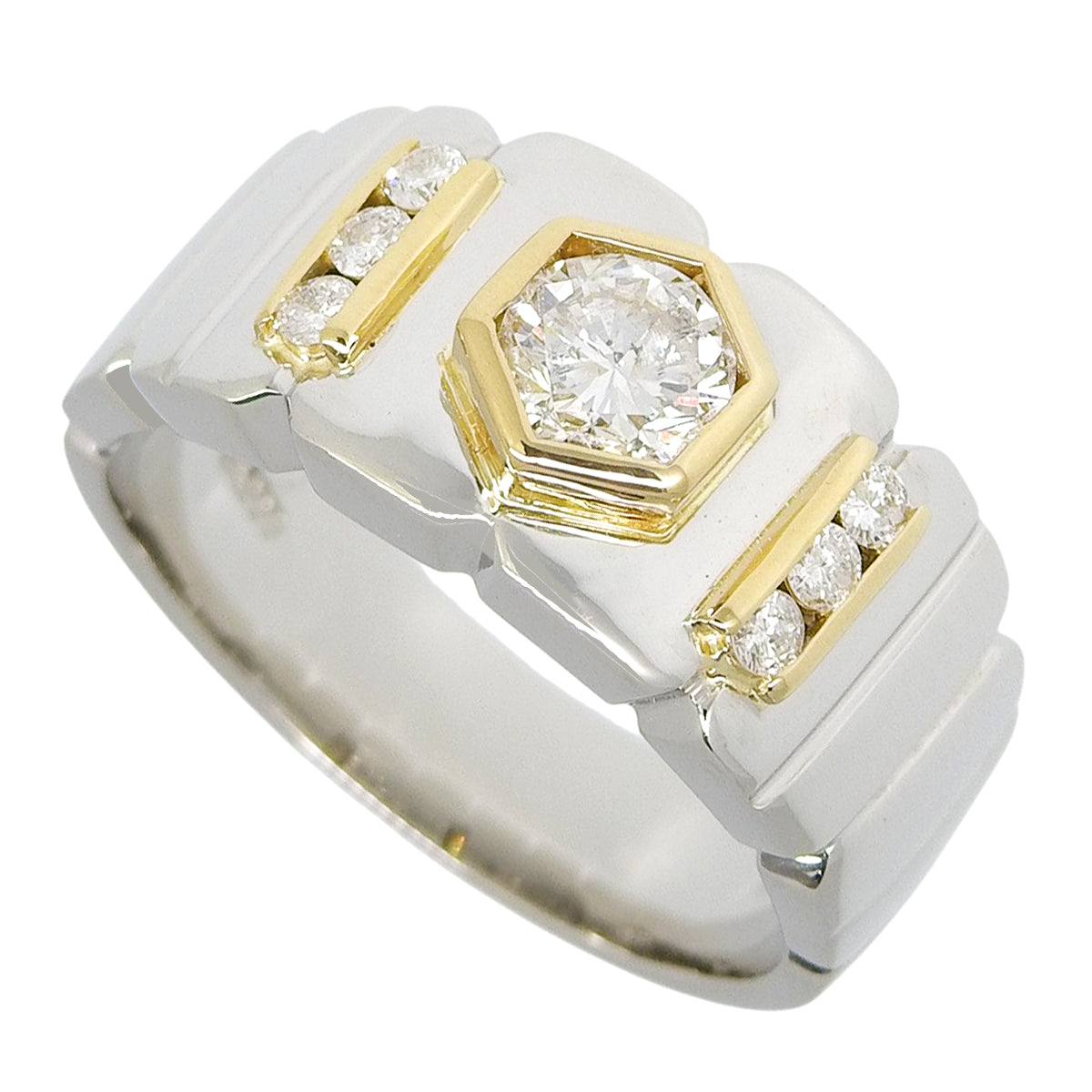 Hexagon Diamond Ring D0.60,0.16 Platinum Pt900 Yellow Gold K18YG 18.3g