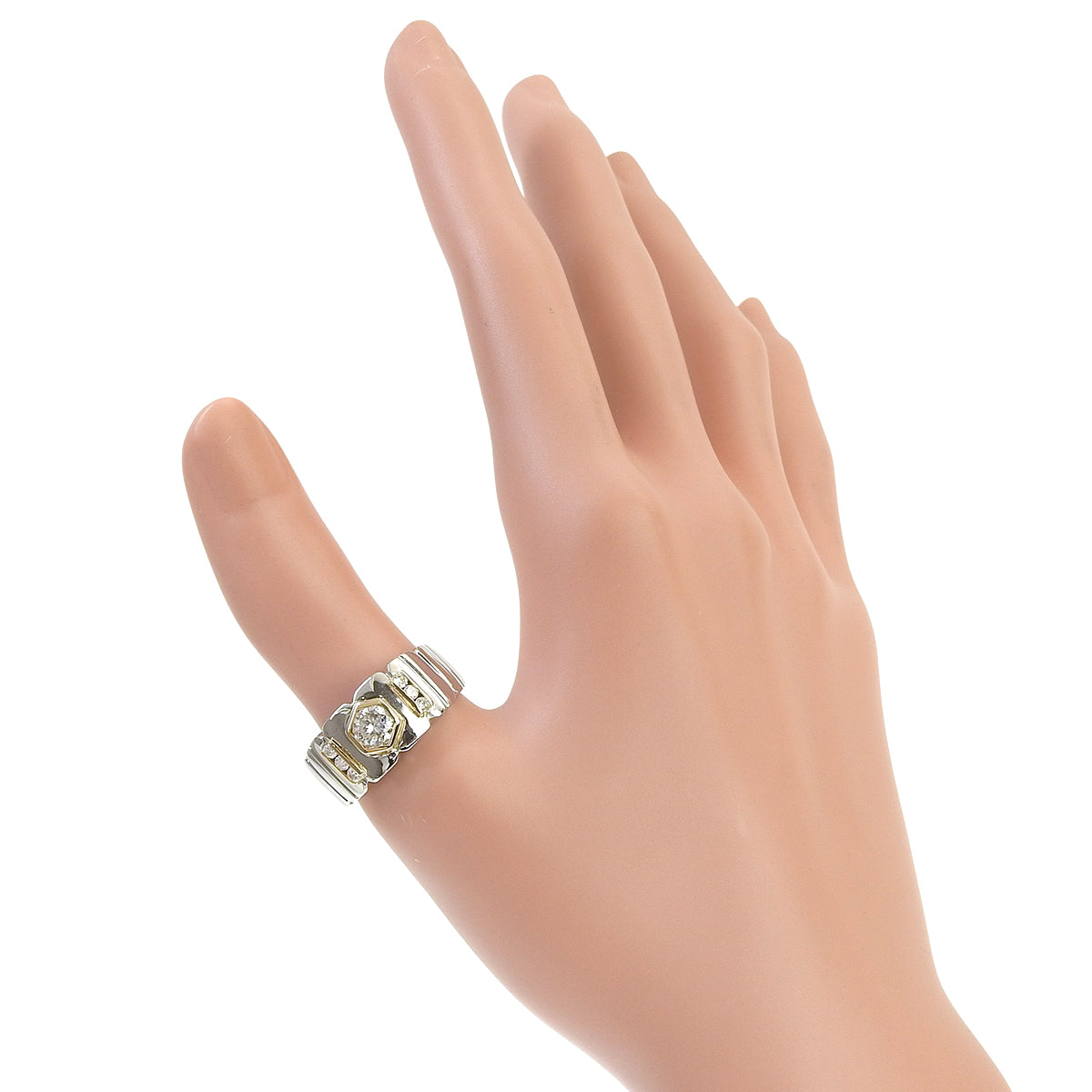 Hexagon Diamond Ring D0.60,0.16 Platinum Pt900 Yellow Gold K18YG 18.3g