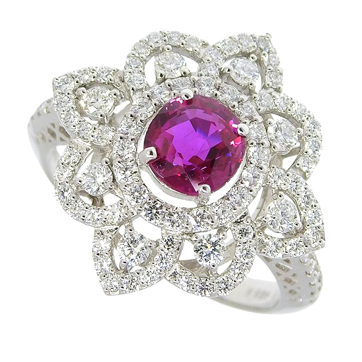 Ruby Diamond Flower Motif Ring R1.136/D0.76 Platinum Pt950 5.7g