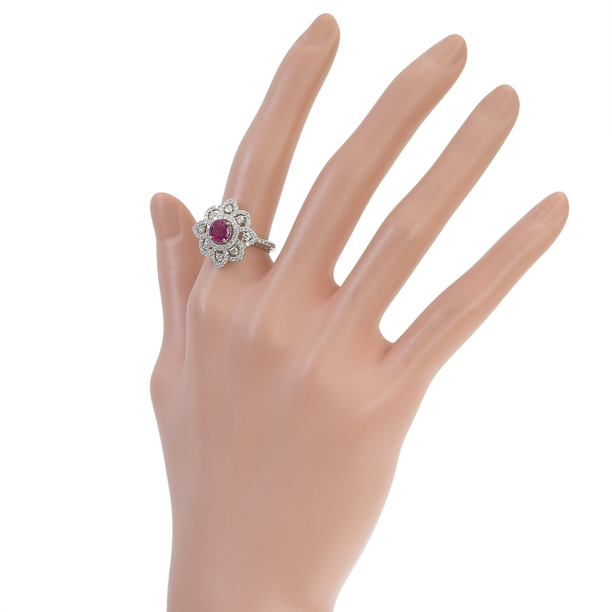 Ruby Diamond Flower Motif Ring R1.136/D0.76 Platinum Pt950 5.7g