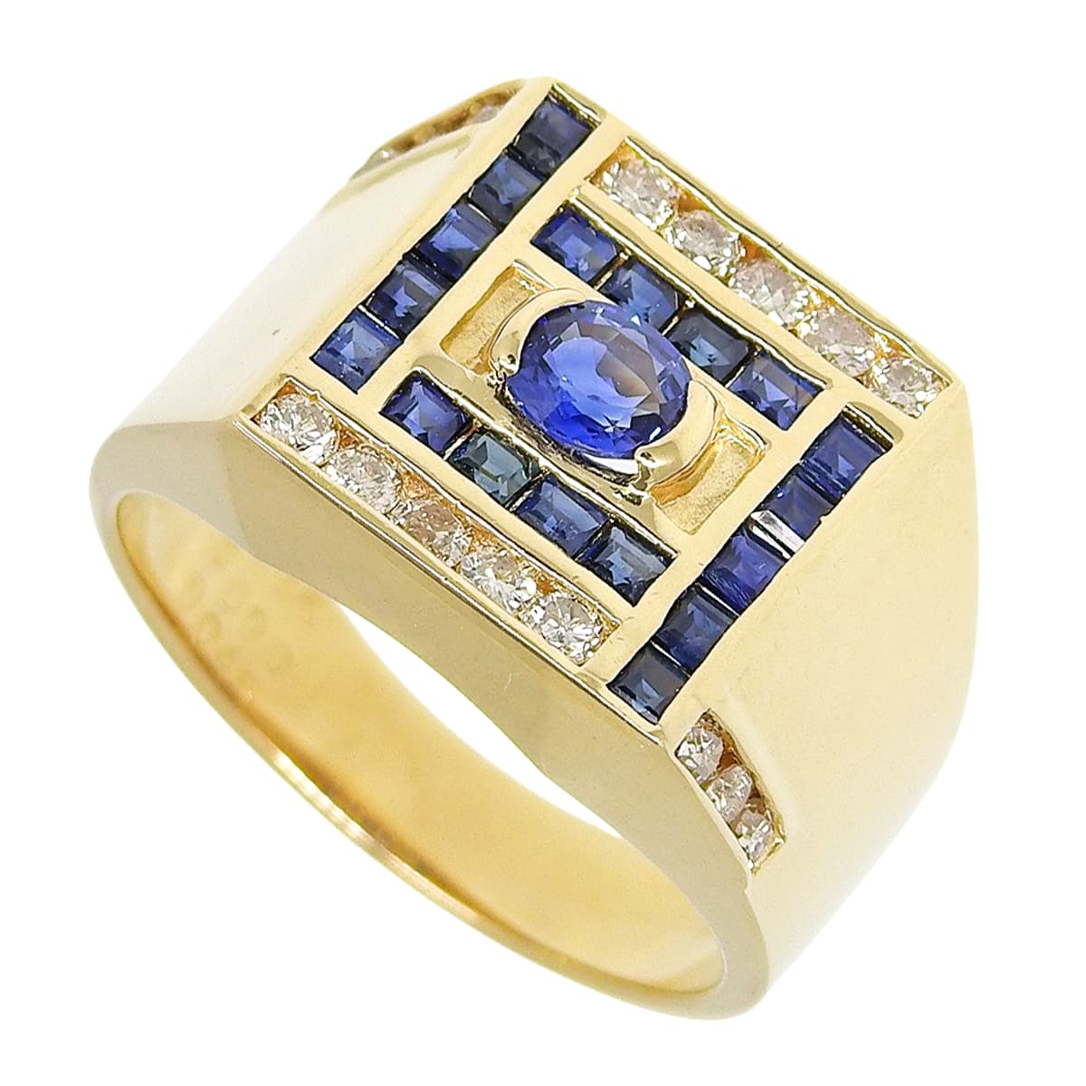 Sapphire Signet Ring S0.90,0.35/D0.45 Yellow Gold K18YG 8.3g