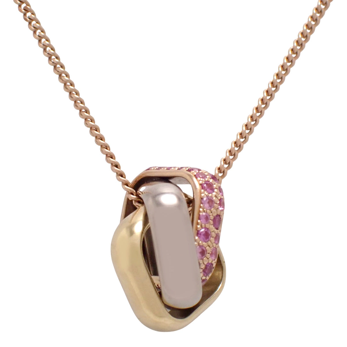 Trinity Cushion Necklace with Pink Sapphire, Yellow Gold (18K Yellow Gold, 18K Pink Gold, 18K White Gold, 18K White Gold), 10g