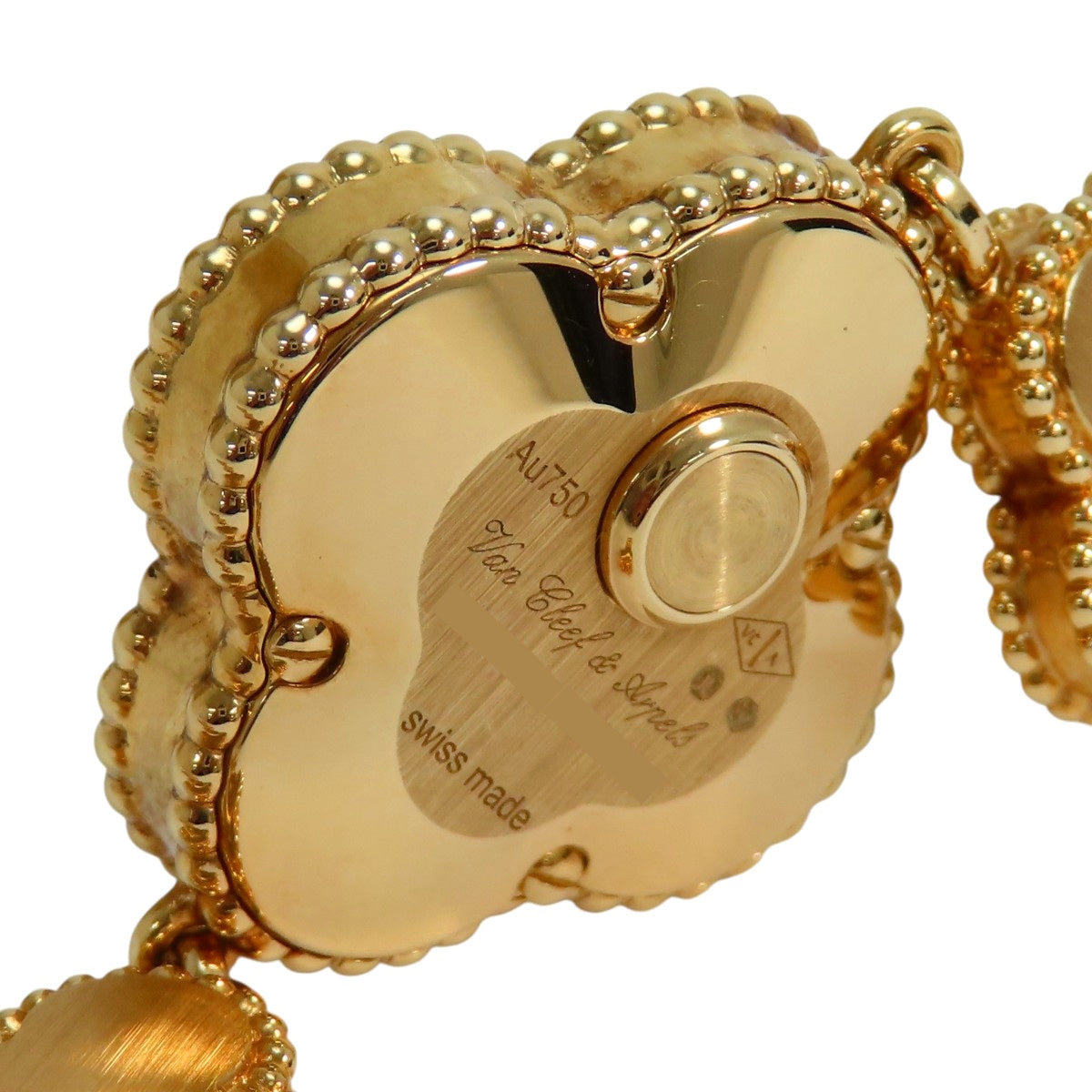 Sweet Alhambra watch, diamonds, mother-of-pearl, VCARO8WW00, 18K yellow gold, guilloché dial, quartz, women's