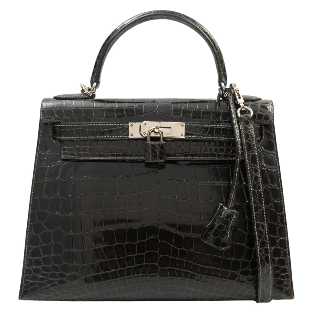 Kelly 28 (Sellier) Niloticus Crocodile Palladium Hardware Graphite Silver Hardware Square Stamp