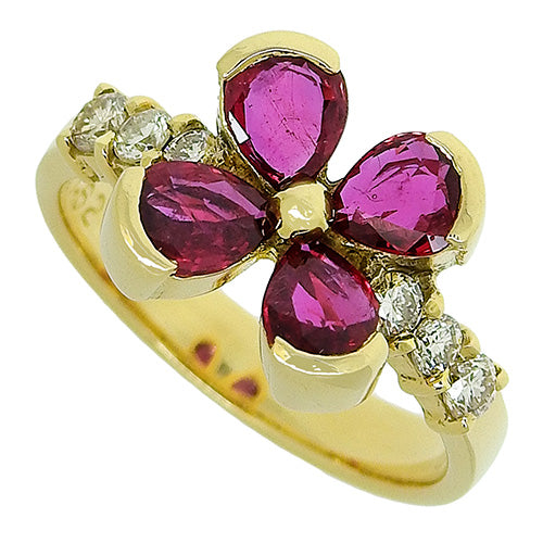 Flower Motif Ruby and Diamond Ring R1.62/D0.30 K18 Yellow Gold YG