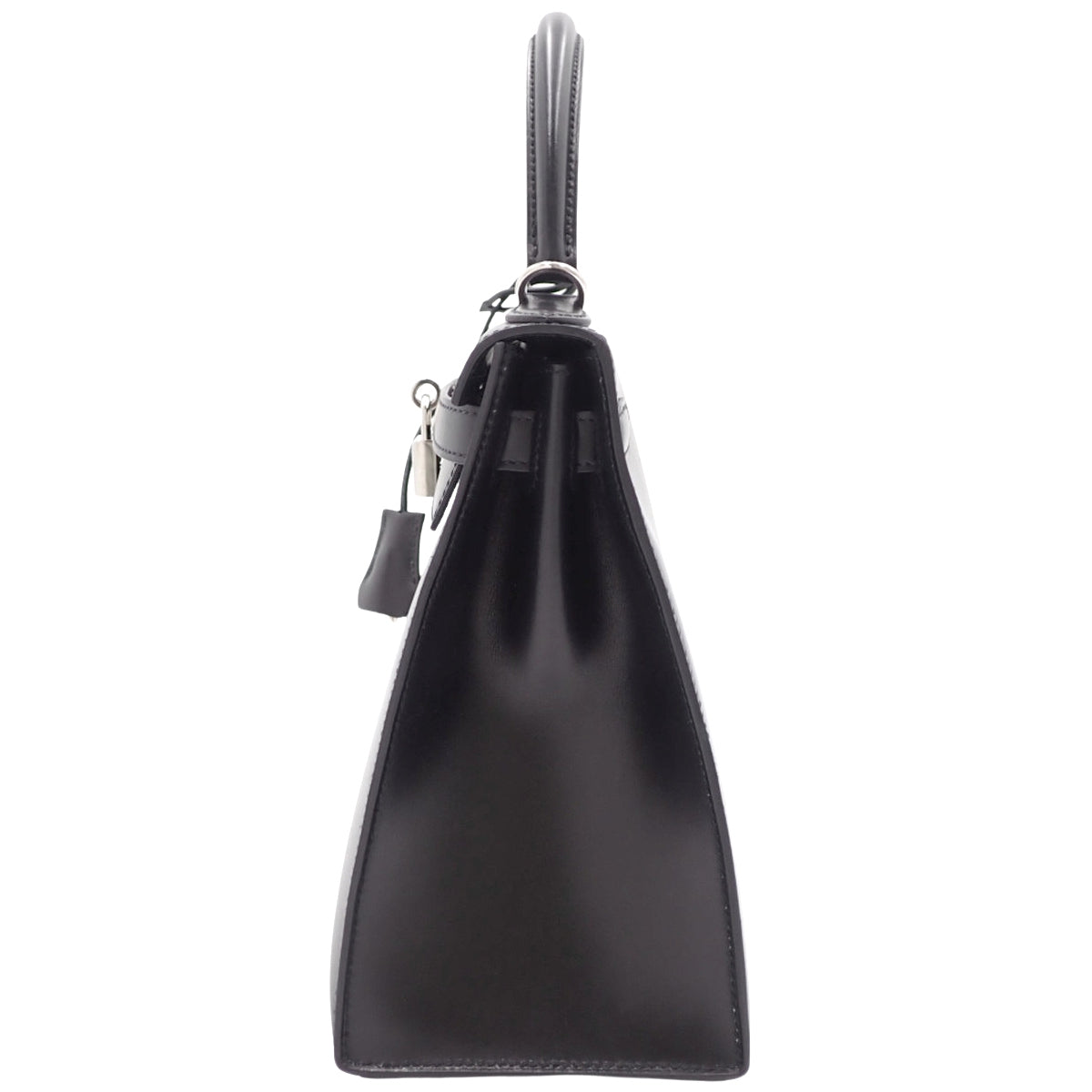 Kelly 28（外侧缝线）Box 小牛皮，钯金配件，黑色，银色配件，D 字印记