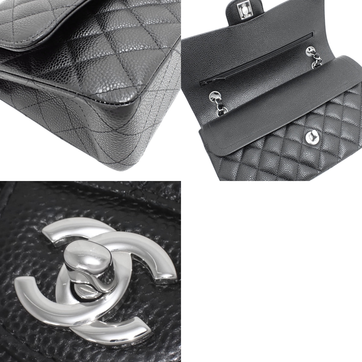 Coco Mark W Flap 25 Chain Shoulder Bag in Caviar Skin, Black