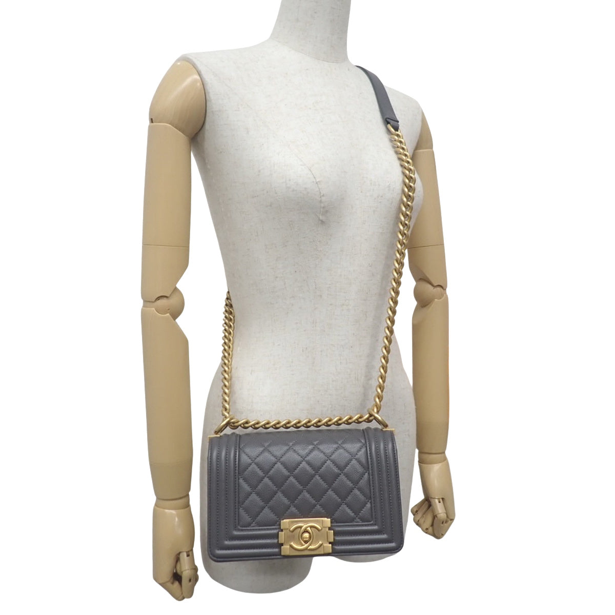 CHANEL Boy Chanel Coco Mark Small Chain Shoulder Bag Caviar Skin Grey