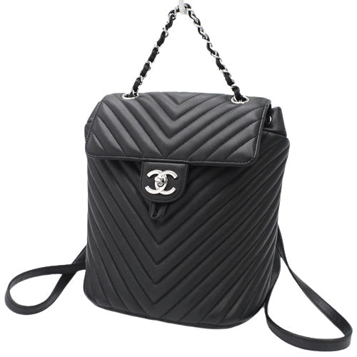 Chevron V-Stitch Chain Backpack Daypack with Coco Mark Lambskin A91121
