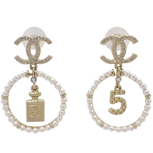 Cocomark No. 5 Perfume Pearl Earrings, Metal (GP), Faux Pearl and Rhinestone Hoop Dangles