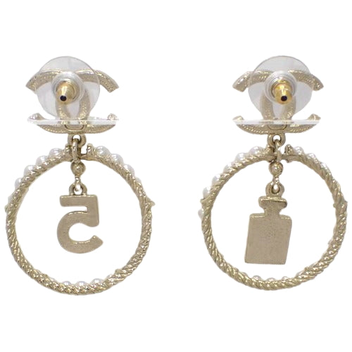Cocomark No. 5 Perfume Pearl Earrings, Metal (GP), Faux Pearl and Rhinestone Hoop Dangles