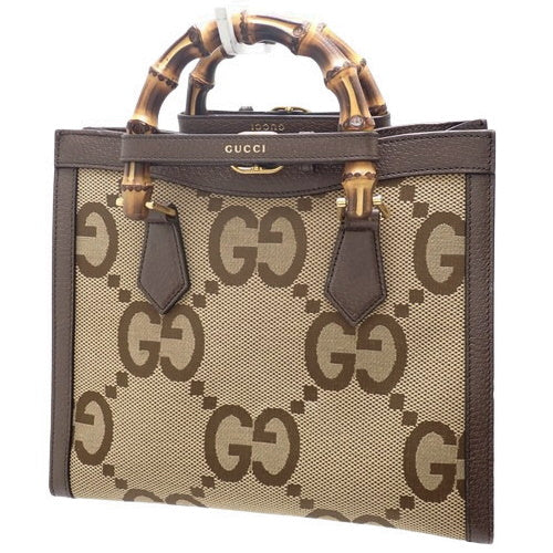 Gucci Diana Small Tote Bag in Jumbo GG Leather and Jumbo GG Canvas, Camel/Ebony, ‎660195.  Features a shoulder strap, 2-way carrying option, and bamboo handle.