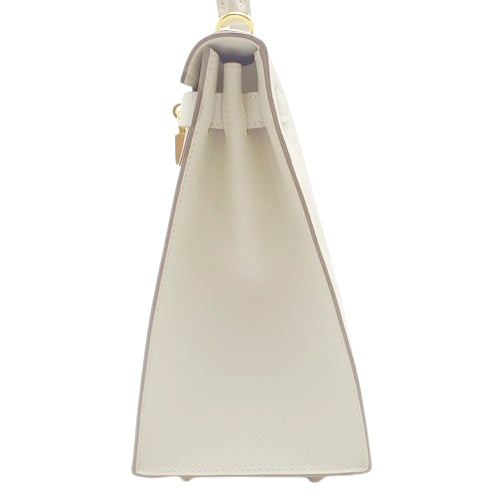 Kelly 28 (Exterior Stitched) Epsom Calfskin Leather, Cream, Gold Hardware, A Stamp
