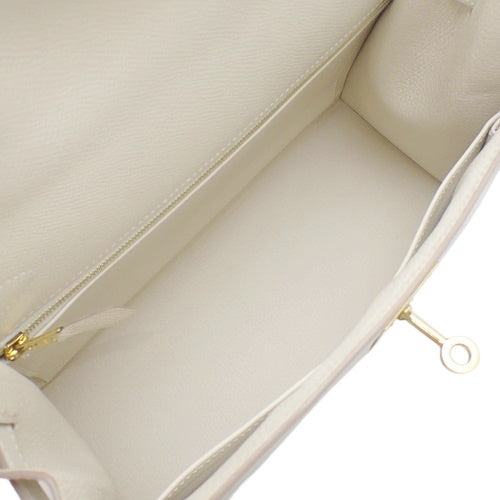 Kelly 28 (Exterior Stitched) Epsom Calfskin Leather, Cream, Gold Hardware, A Stamp