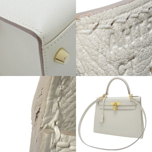 Kelly 28 (Exterior Stitched) Epsom Calfskin Leather, Cream, Gold Hardware, A Stamp