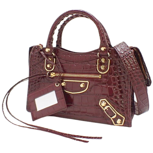 Classic Metallic Edge Mini City Leather Bag, Bordeaux, 390160, 2-way shoulder bag, can be carried on the shoulder or crossbody, crocodile embossed.