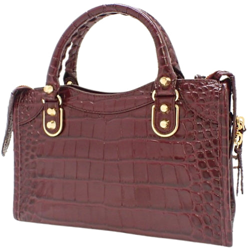 Classic Metallic Edge Mini City Leather Bag, Bordeaux, 390160, 2-way shoulder bag, can be carried on the shoulder or crossbody, crocodile embossed.