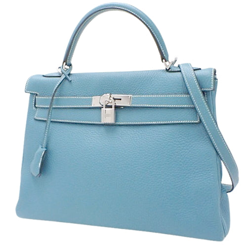 Kelly 32 (inner-stitched) Toray Clemence, palladium hardware, Bleu Jean, silver hardware, □H stamp.