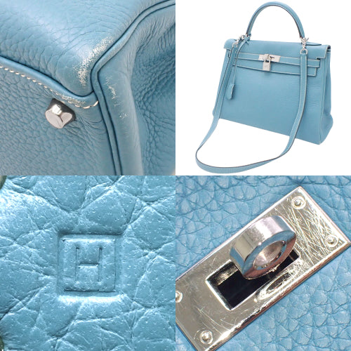 Kelly 32 (inner-stitched) Toray Clemence, palladium hardware, Bleu Jean, silver hardware, □H stamp.