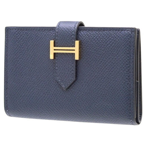 Bearn Mini Blue Navy Epsom Leather with Gold Hardware and W Stamp, Bifold Coin Case, Compact Wallet, Business Card Holder