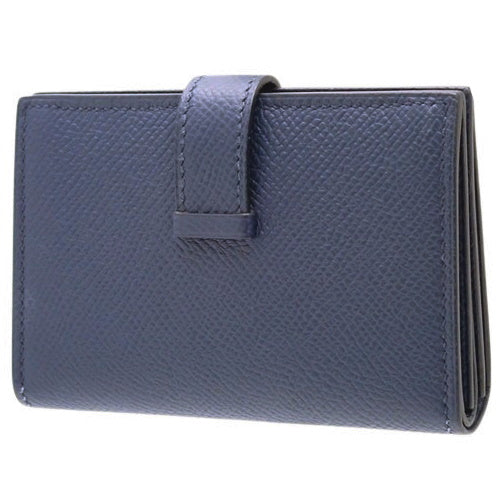 Bearn Mini Blue Navy Epsom Leather with Gold Hardware and W Stamp, Bifold Coin Case, Compact Wallet, Business Card Holder