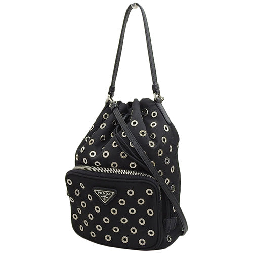 Punched 2-Way Drawstring Bag, Nylon, Black, Shoulder Bag, Triangle Logo, Mini Bag