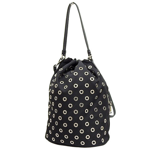 Punched 2-Way Drawstring Bag, Nylon, Black, Shoulder Bag, Triangle Logo, Mini Bag