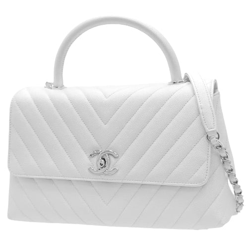 Chevron Top Handle Chain Shoulder Bag, Caviar Skin, White, Coco Handle, 2-Way (shoulder or crossbody)