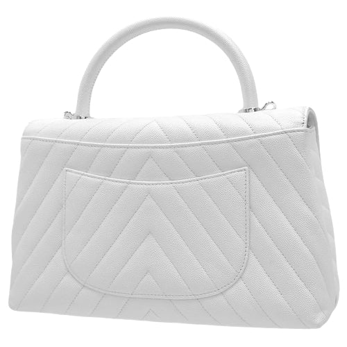 Chevron Top Handle Chain Shoulder Bag, Caviar Skin, White, Coco Handle, 2-Way (shoulder or crossbody)