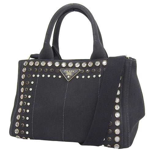 Fendi Canapa tote bag in canvas, Nero (black).  1BG439. Features jeweled studs and can be carried as a tote or shoulder bag.