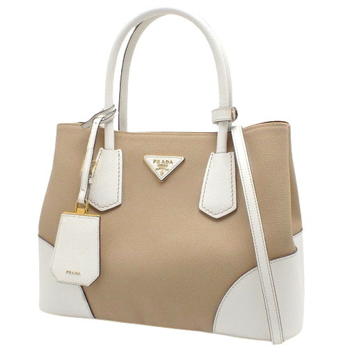 CANAPA (Kana-pa) Canvas and Saffiano Leather 2-way Shoulder Bag, Tote Bag, Color: Corda + Bianco, Model: BN2887