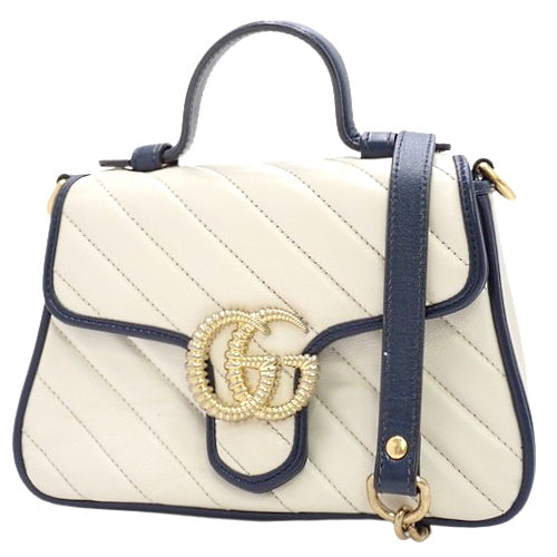GG Marmont Mini Top Handle Bag, Leather, White/Navy, 583571, 2-way shoulder bag, shoulder and crossbody.