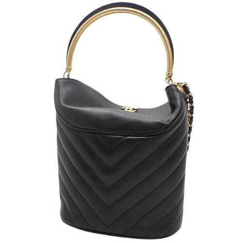 Chevron Coco Handle V-Stitch Bag, Lambskin, Black, 2-Way, Chain Shoulder, Shoulder Bag, Crossbody Bag