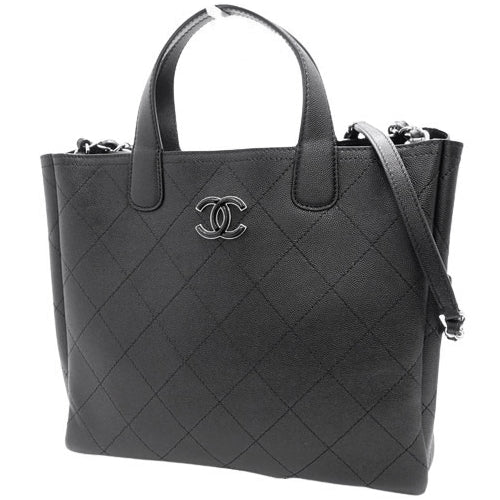 Matelasse Large Shopping Bag, Caviar Skin, Black, 2-Way Handbag/Shoulder Bag