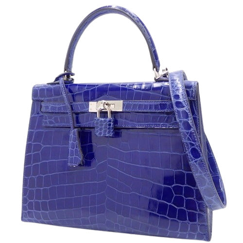 Kelly 25 (Exterior Stitched) Nile Crocodile, Palladium Hardware, Bleu Electrique, Silver Hardware, □P Stamp