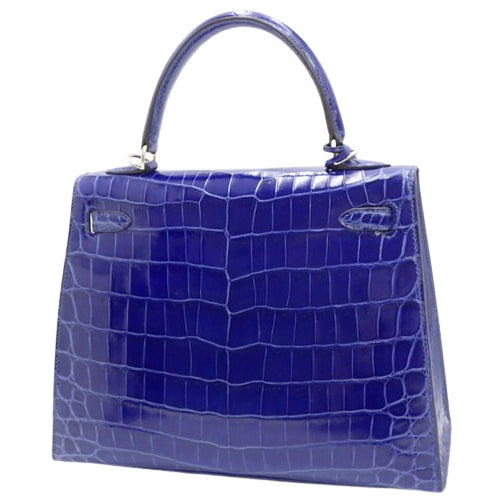 Kelly 25 (Exterior Stitched) Nile Crocodile, Palladium Hardware, Bleu Electrique, Silver Hardware, □P Stamp