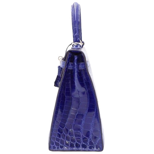 Kelly 25 (Exterior Stitched) Nile Crocodile, Palladium Hardware, Bleu Electrique, Silver Hardware, □P Stamp