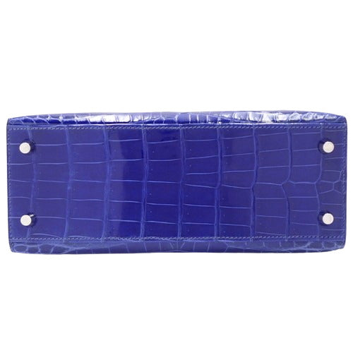Kelly 25 (Exterior Stitched) Nile Crocodile, Palladium Hardware, Bleu Electrique, Silver Hardware, □P Stamp