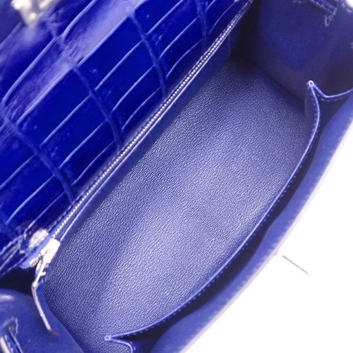 Kelly 25 (Exterior Stitched) Nile Crocodile, Palladium Hardware, Bleu Electrique, Silver Hardware, □P Stamp