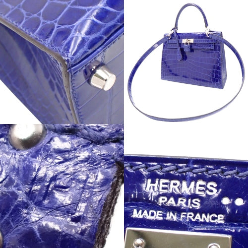 Kelly 25 (Exterior Stitched) Nile Crocodile, Palladium Hardware, Bleu Electrique, Silver Hardware, □P Stamp