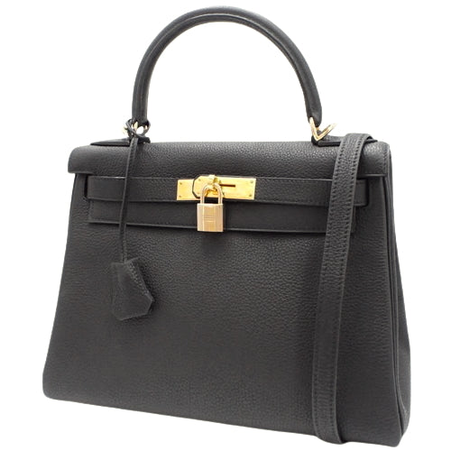 Kelly 28 (inner-stitched) Togo leather, black, gold hardware, □E stamp.