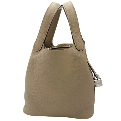 Picotin Lock PM Tote Bag in Beige Marfa and Taurillon Clemence Leather with Palladium and Silver Hardware and W Stamp