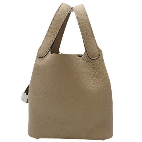 Picotin Lock PM Tote Bag in Beige Marfa and Taurillon Clemence Leather with Palladium and Silver Hardware and W Stamp