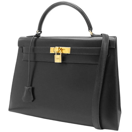 Kelly 32 (Exterior Stitched) Box Calfskin, Black, Gold Hardware, 〇A Stamp