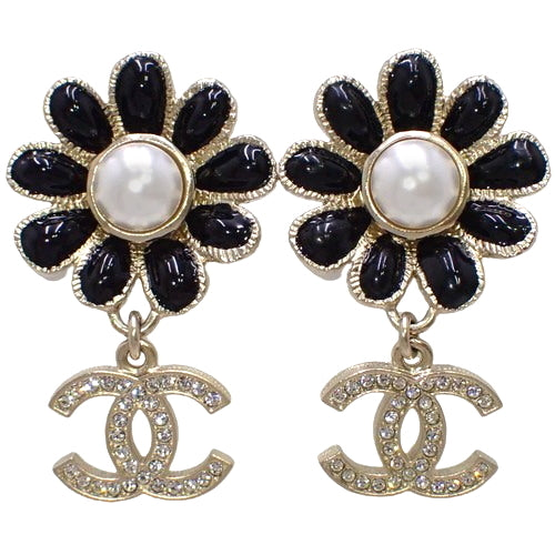 COCOMARK Flower Pearl Earrings, Metal (GP), Faux Pearl and Rhinestone, Accessory, Jewelry, Dangle, Swing, Flower