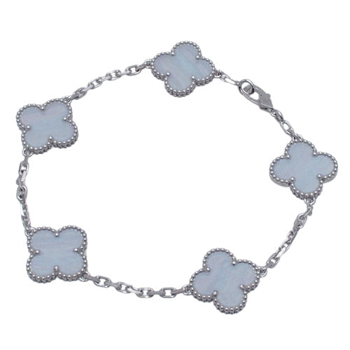 Vintage Alhambra Bracelet with 5 Chalcedony Motifs, 18K White Gold (VCARD34700), Clover Motif, and WG.